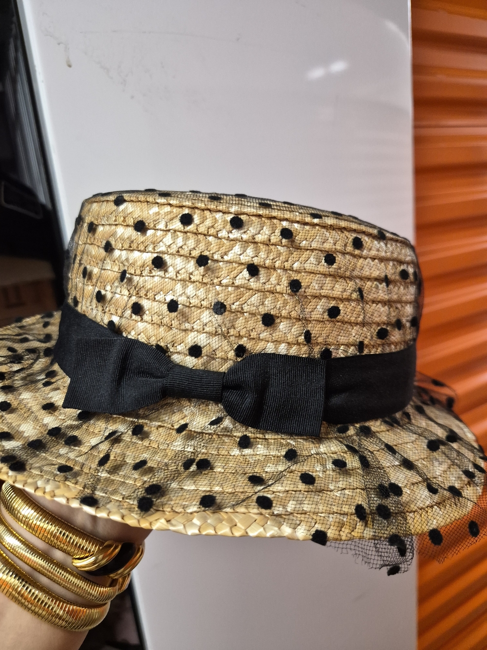 Straw Black Polka Dot Sun Hat with Bow